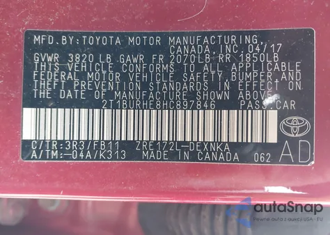 2017 Toyota Corolla Le z USA, uszkodzony, nr VIN 2T1BURHE8HC897846